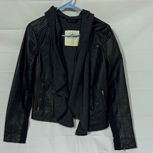 Hollister Black Faux Leather Jacket with Knit Hooded Layer
